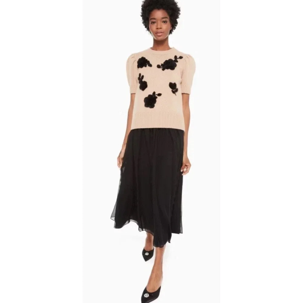 Kate Spade floral appliqué Beige short‎ sleeve Cashmere Wool Blend Sweater M NEW